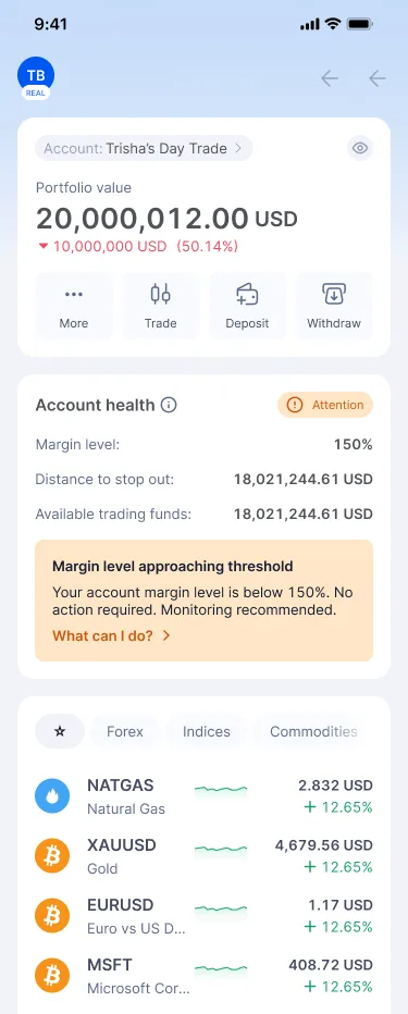 Account health card showing Attention with an orange warning banner