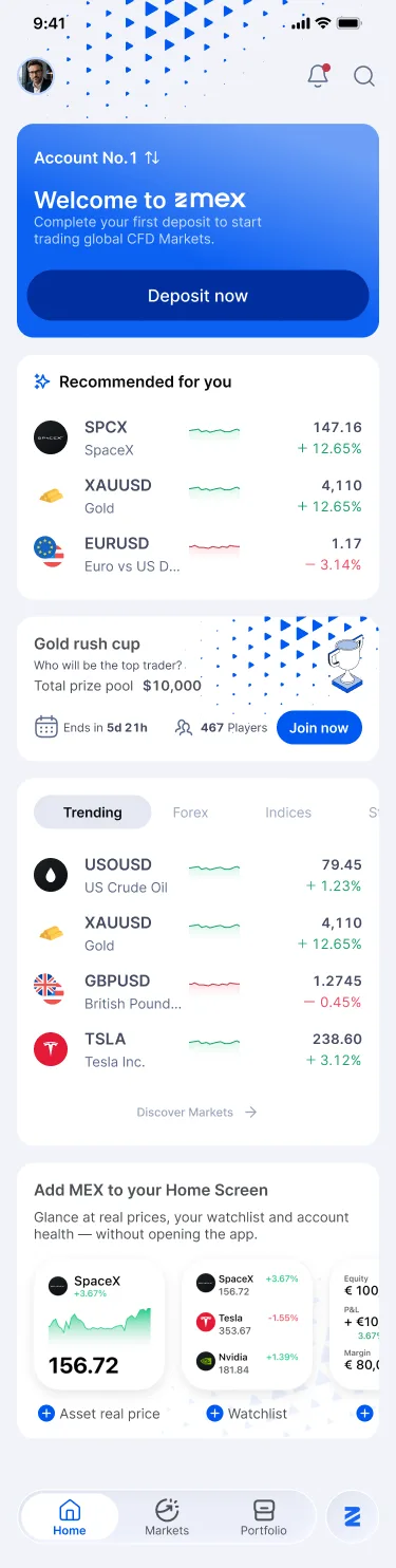 MEX app home with a deposit prompt, recommended instruments and trending markets