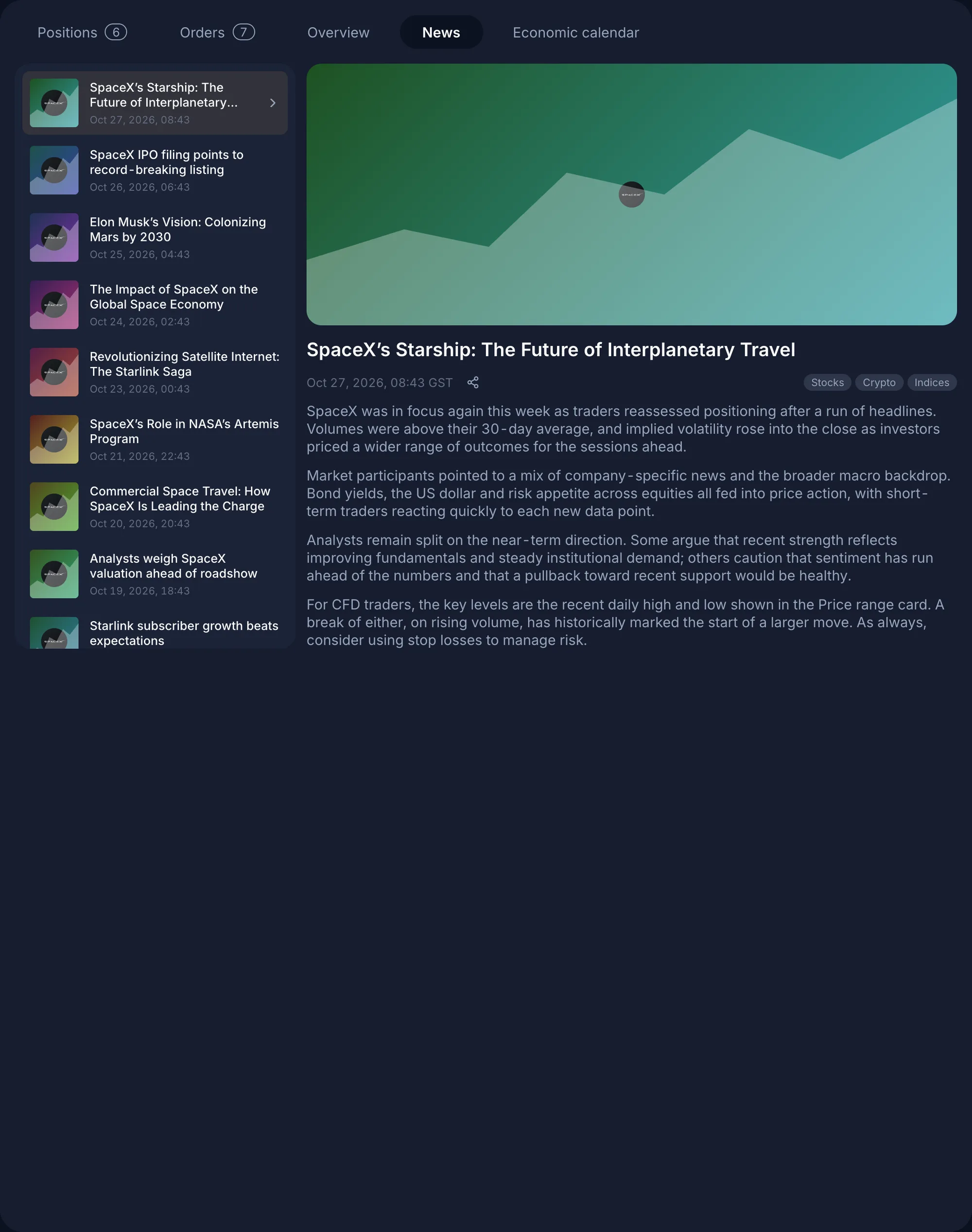 News tab with headline list and article reading pane