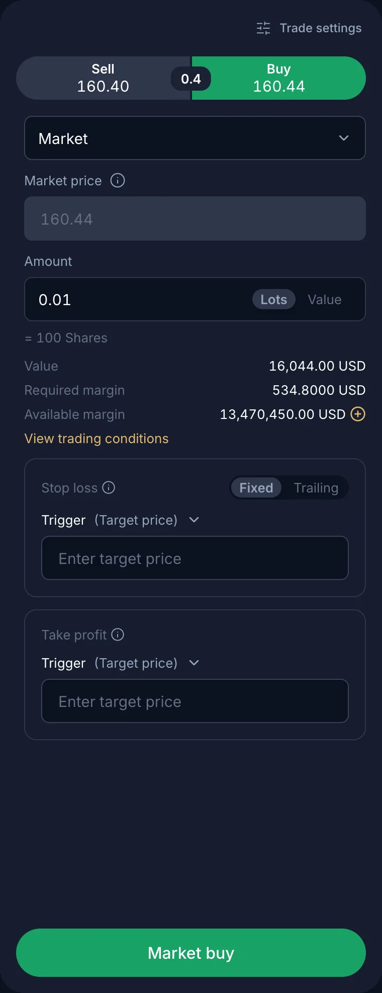 Order panel with Sell/Buy toggle, market order, amount in lots, margin and stop loss / take profit