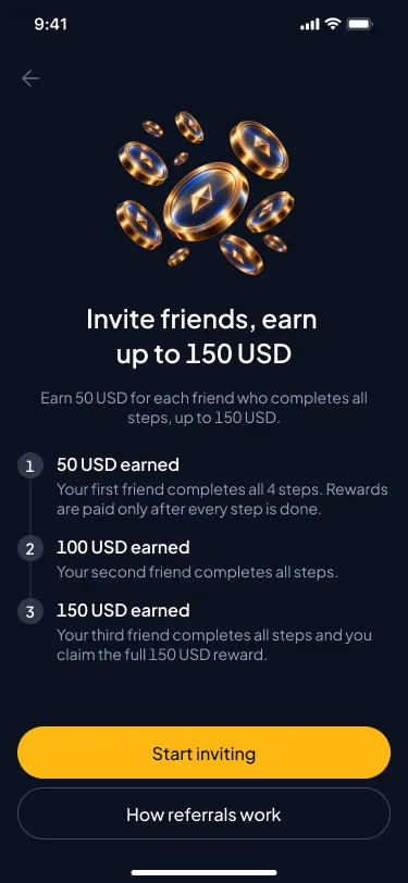 Referrals onboarding: “Invite friends, earn up to 150 USD” with three reward tiers