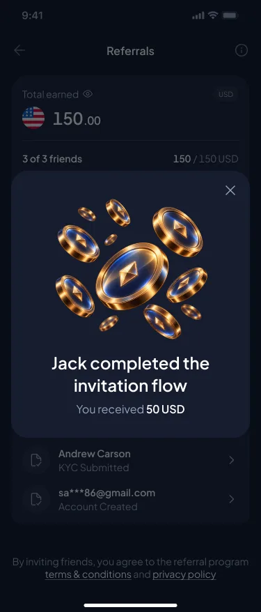 Reward success modal: “Jack completed the invitation flow. You received 50 USD”